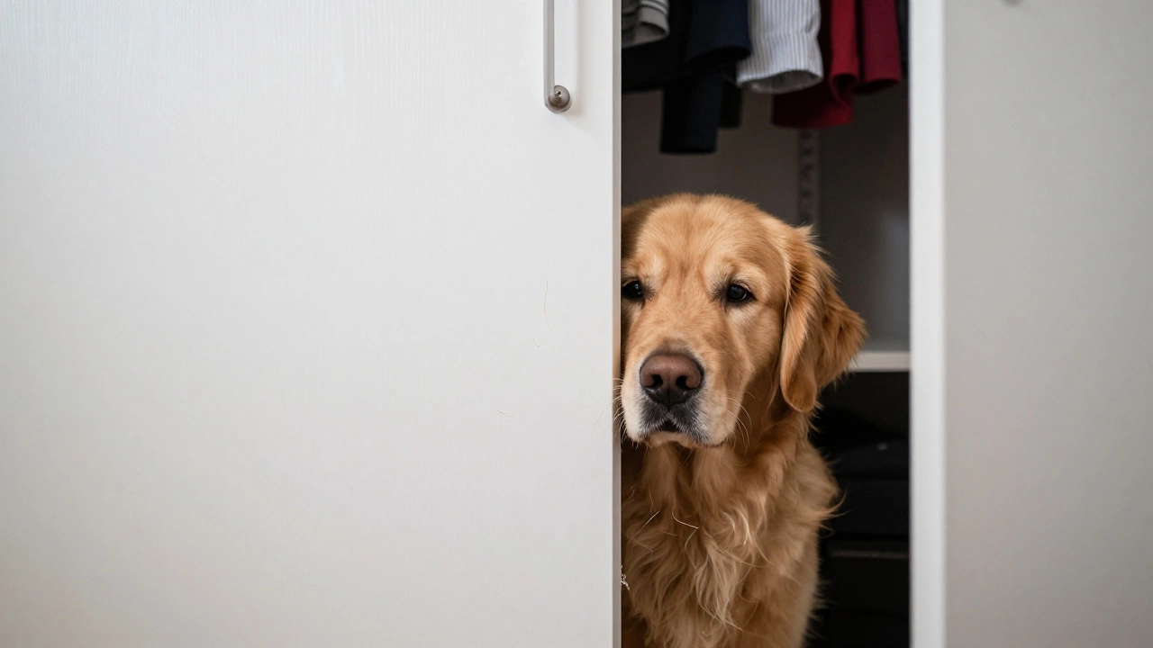 A golden retriever looking through a crack in a closed white closet door.