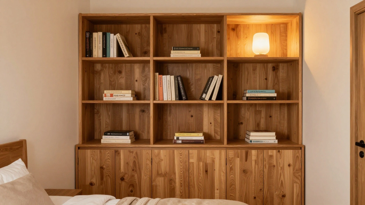 A hybrid bookshelf with closed cabinets at the bottom and open shelves on top