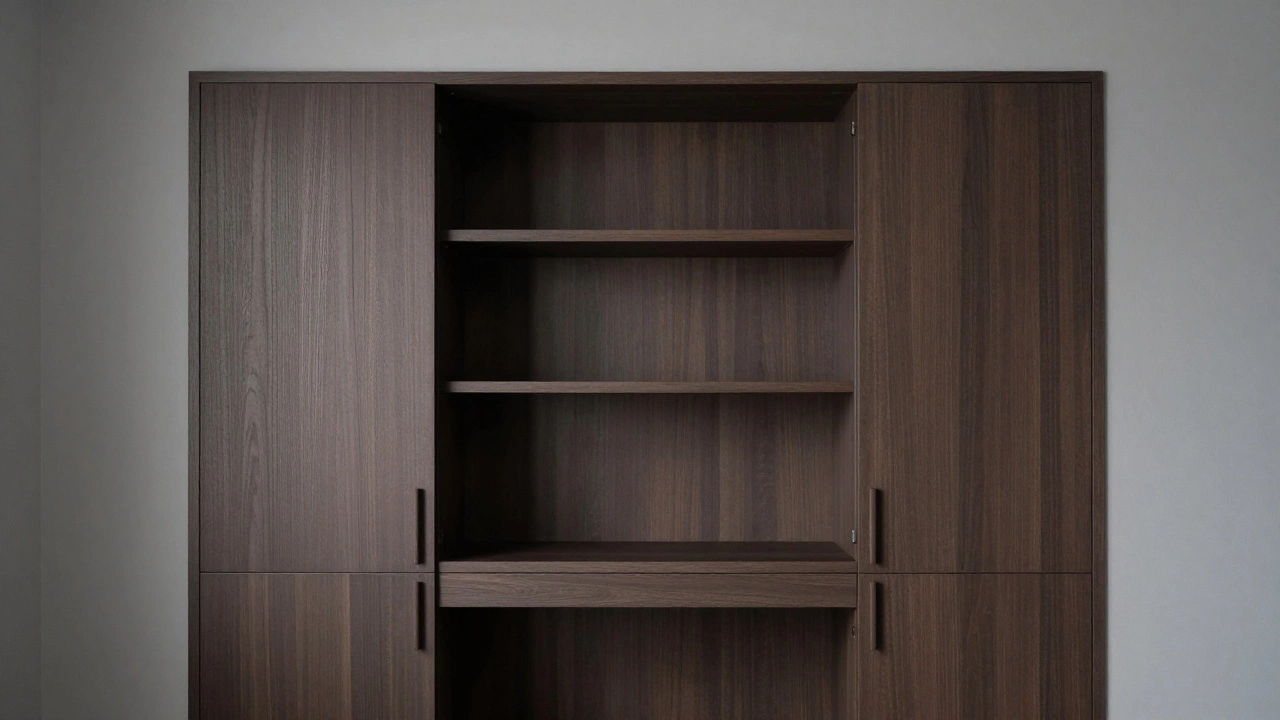 A minimalist home office featuring a clean, closed wooden bookshelf cabinet
