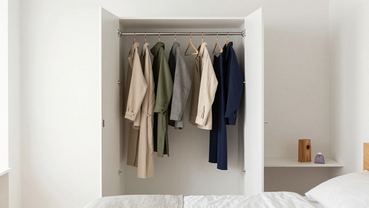 A minimalist open closet with color-coordinated clothes and cedar blocks.