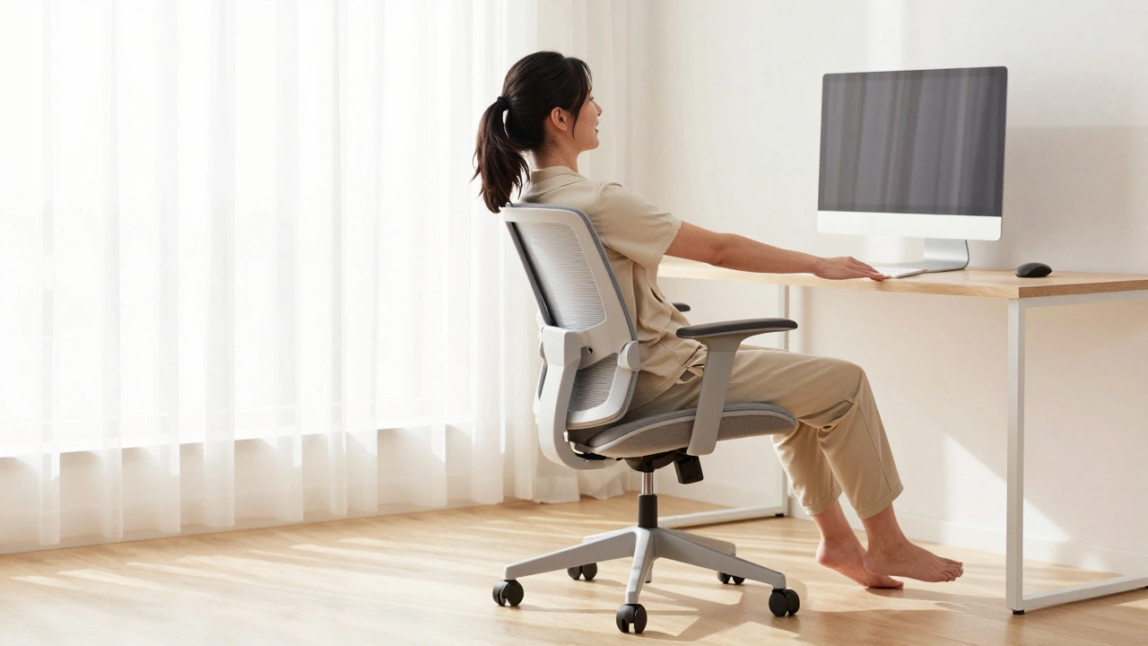 A person sitting with healthy, dynamic posture in an ergonomic office chair with natural light.