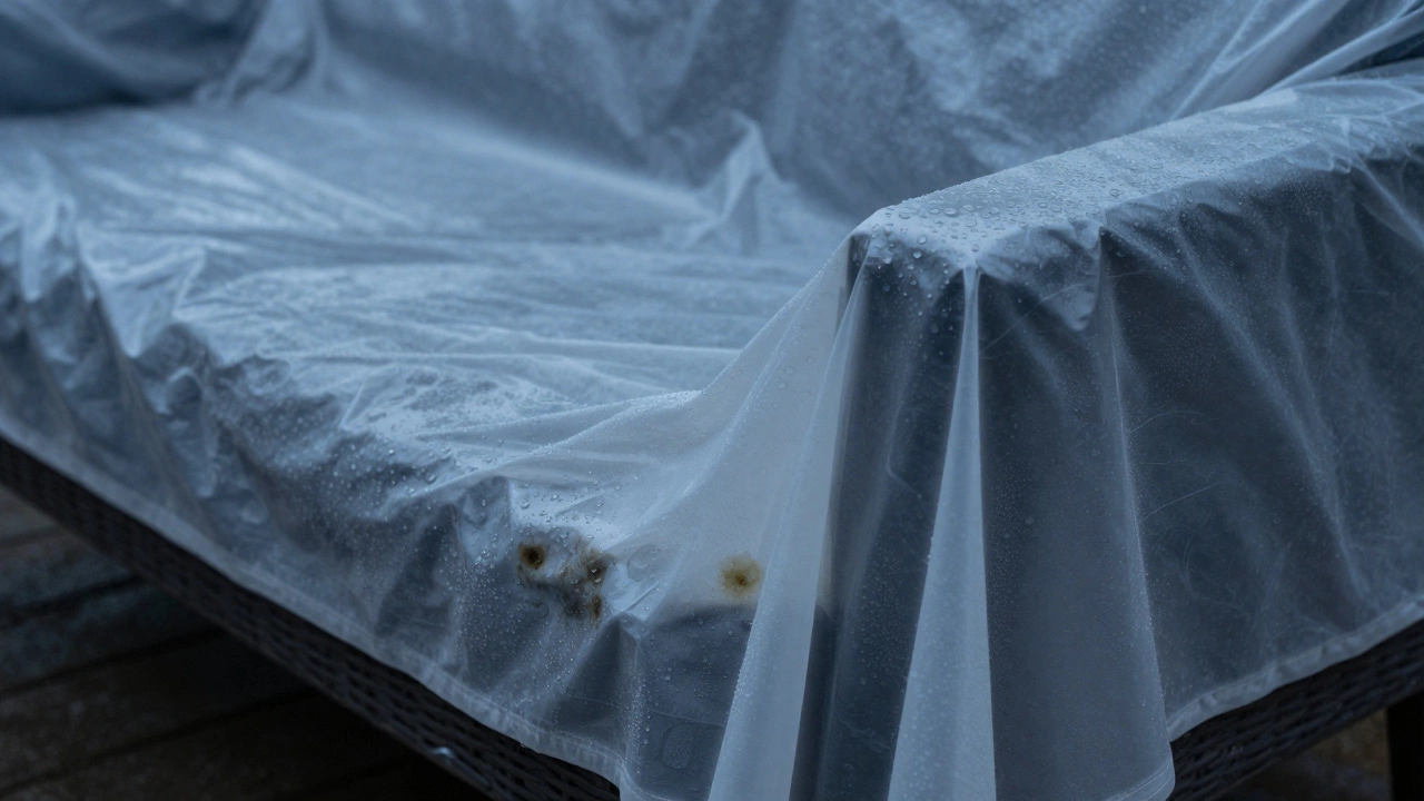 Close-up of condensation and mildew forming under a non-breathable furniture cover.