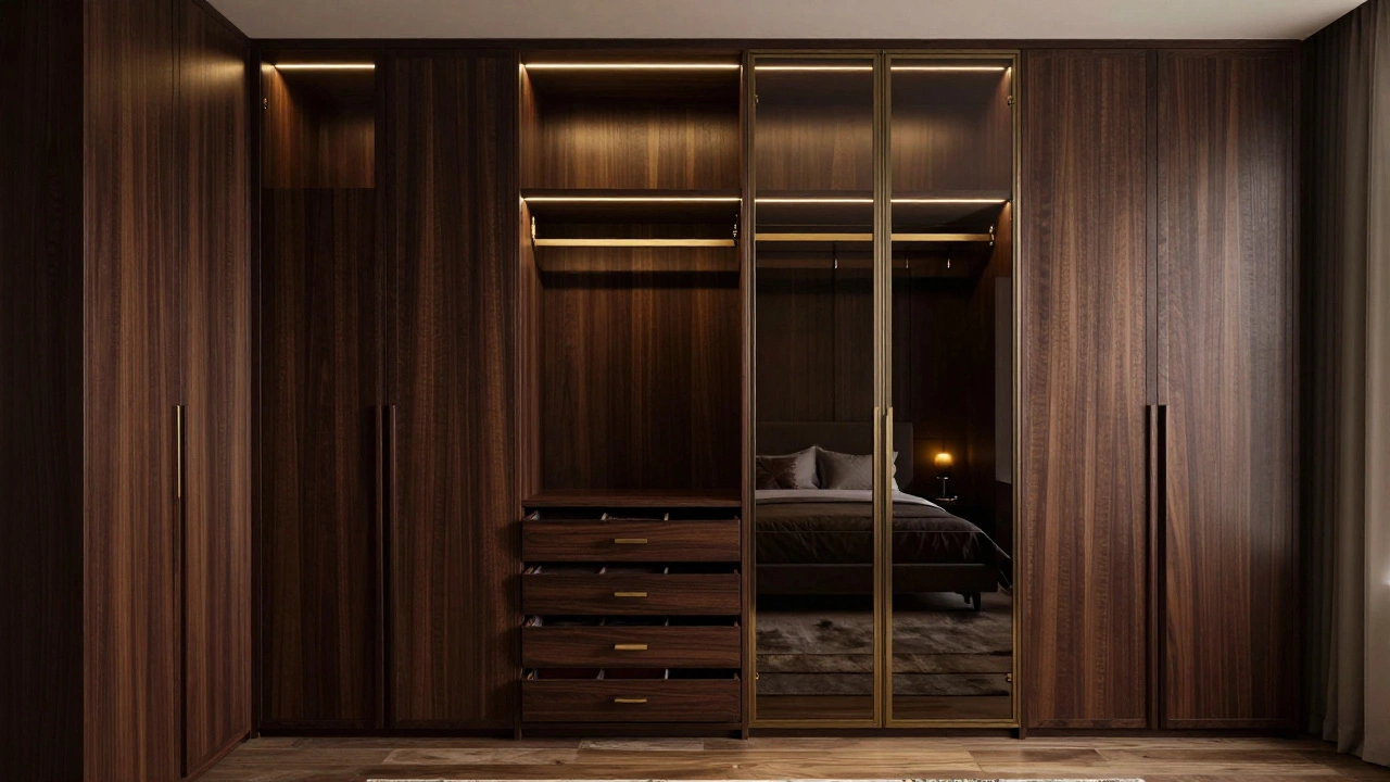 Luxury custom floor-to-ceiling walnut wardrobe with integrated LED lighting