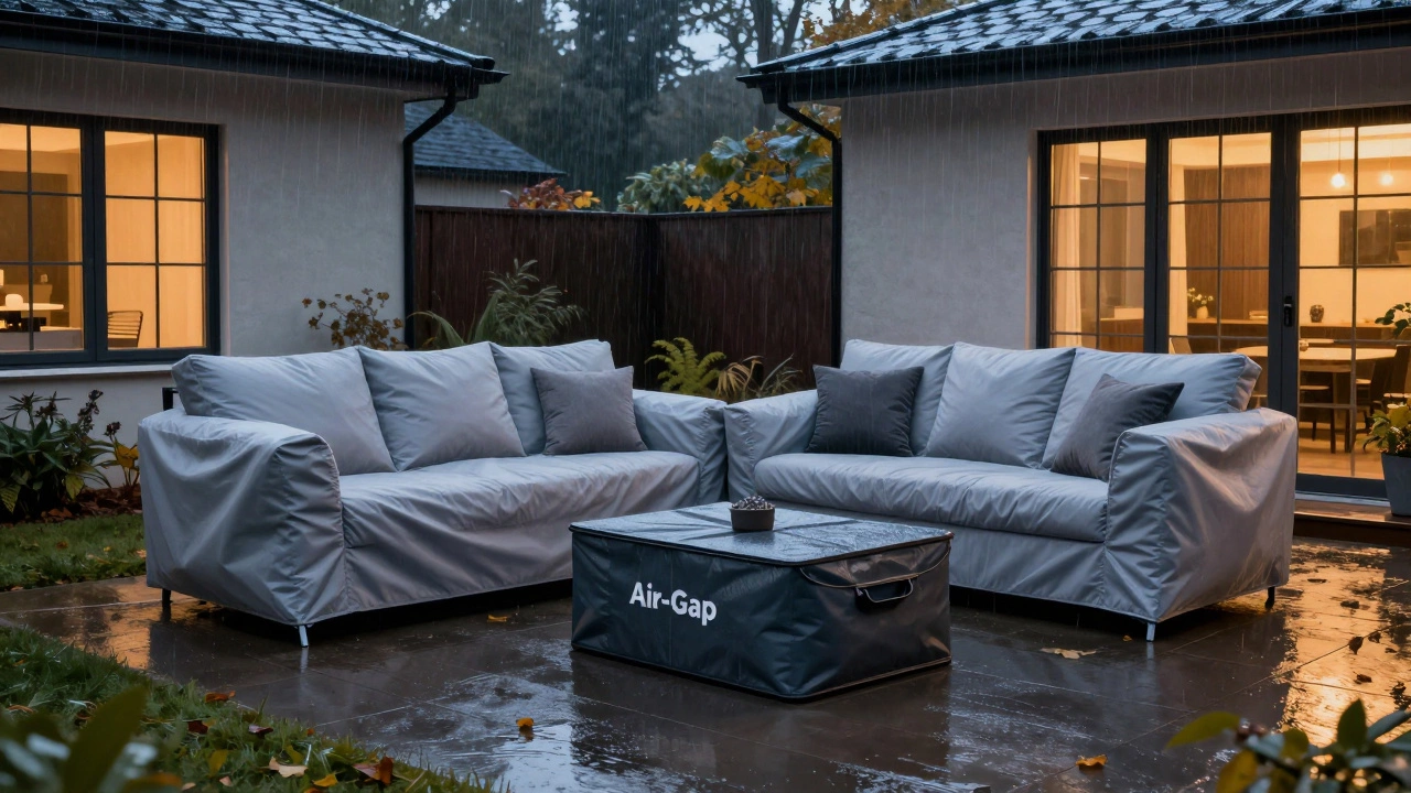 Outdoor patio furniture strategically covered with cushions stored in a weather-proof box during rain.