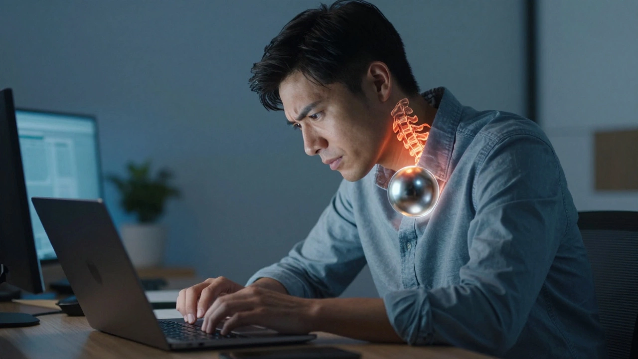 Person hunched over a laptop with a visual representation of heavy weight on the neck.