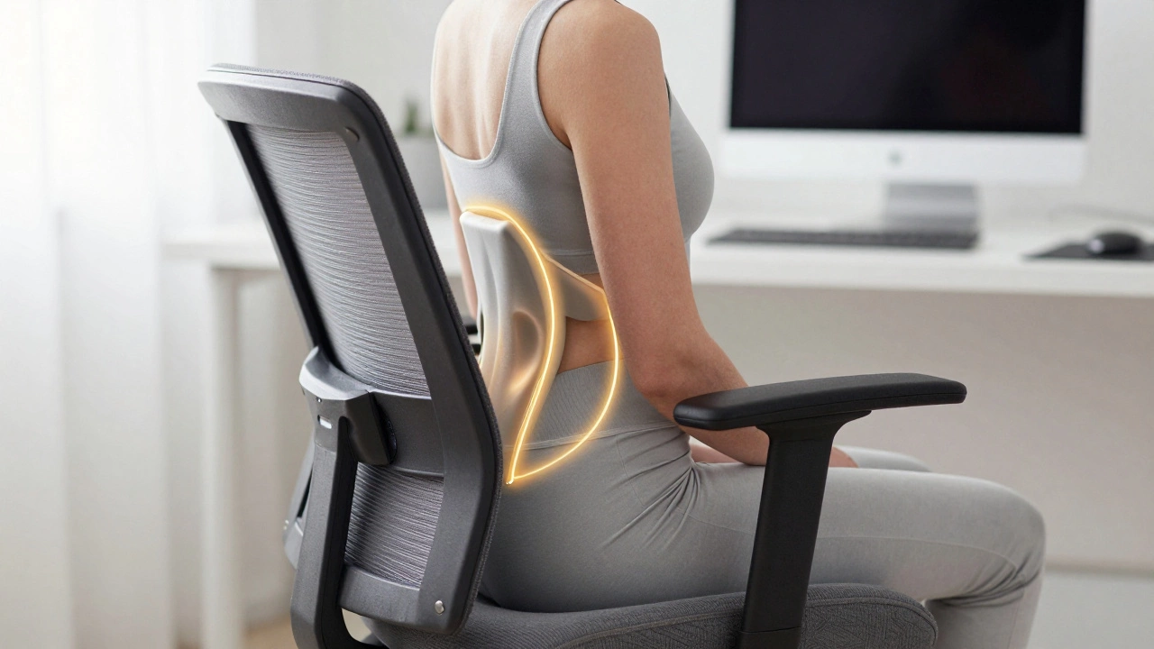 Person sitting in an ergonomic chair with highlighted core engagement and lumbar support.