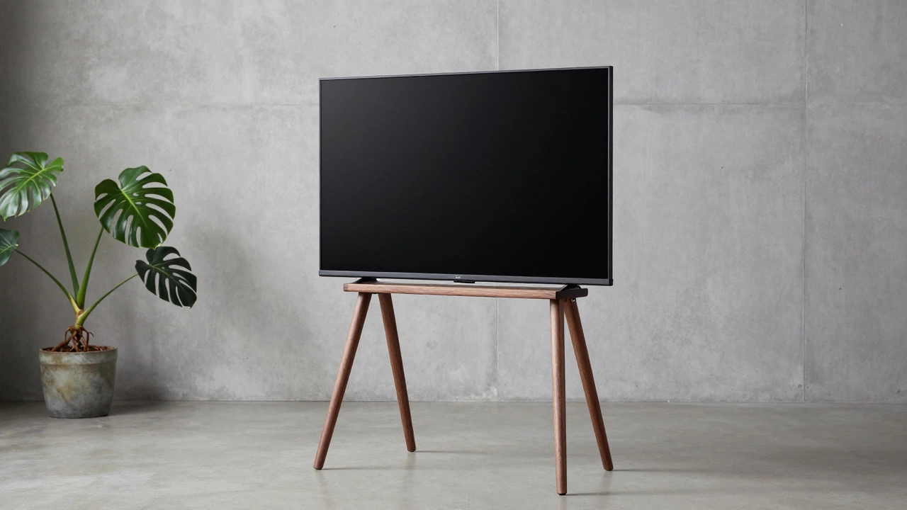 Television supported by a tripod-style wooden easel stand in a minimalist room