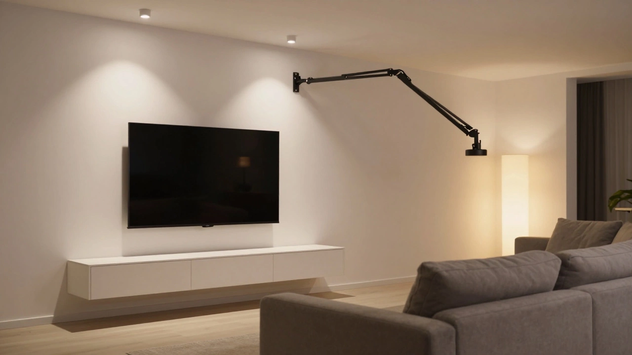 TV on an articulating wall mount above a white floating console shelf