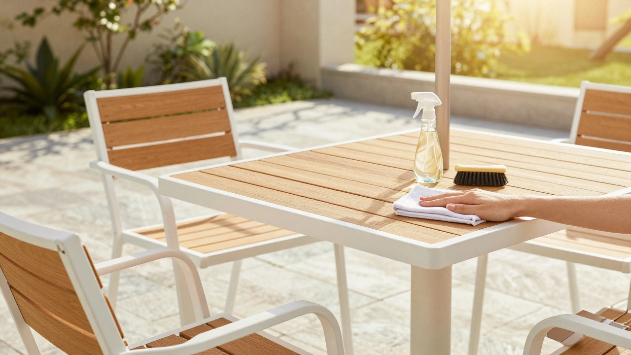 Clean patio furniture being wiped down with a cloth and cleaning supplies.