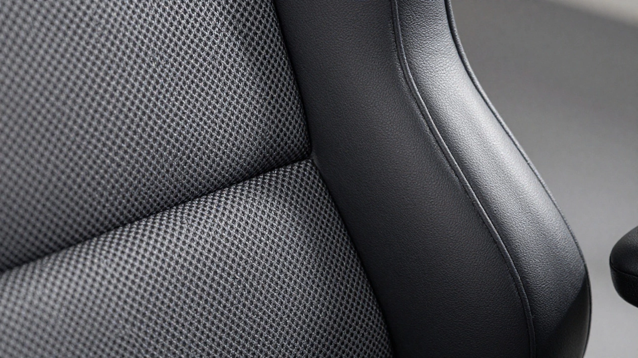 Close-up comparison of breathable mesh fabric versus synthetic leather chair materials