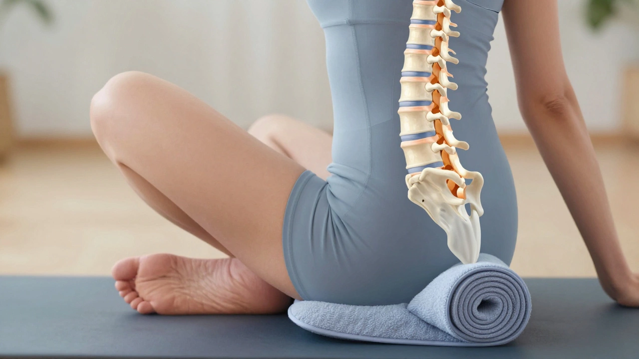 Close-up of correct sitting posture showing lumbar support and flat feet on a footrest.