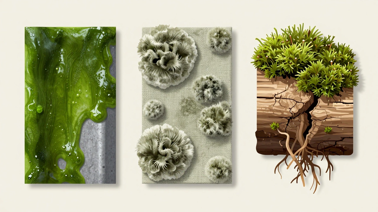 Comparison of slimy algae, fuzzy mold, and moss on different surfaces.