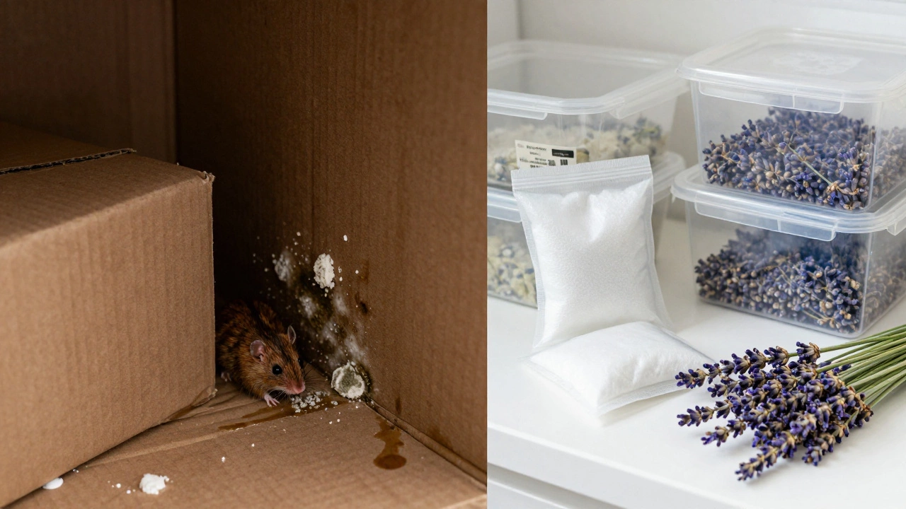 Contrast between damp, infested storage areas and dry, protected items with silica packs.