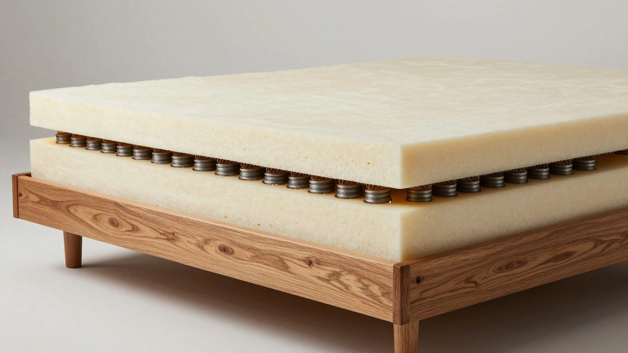 Cross-section of sofa bed frame revealing dense foam layers and hardwood structure.