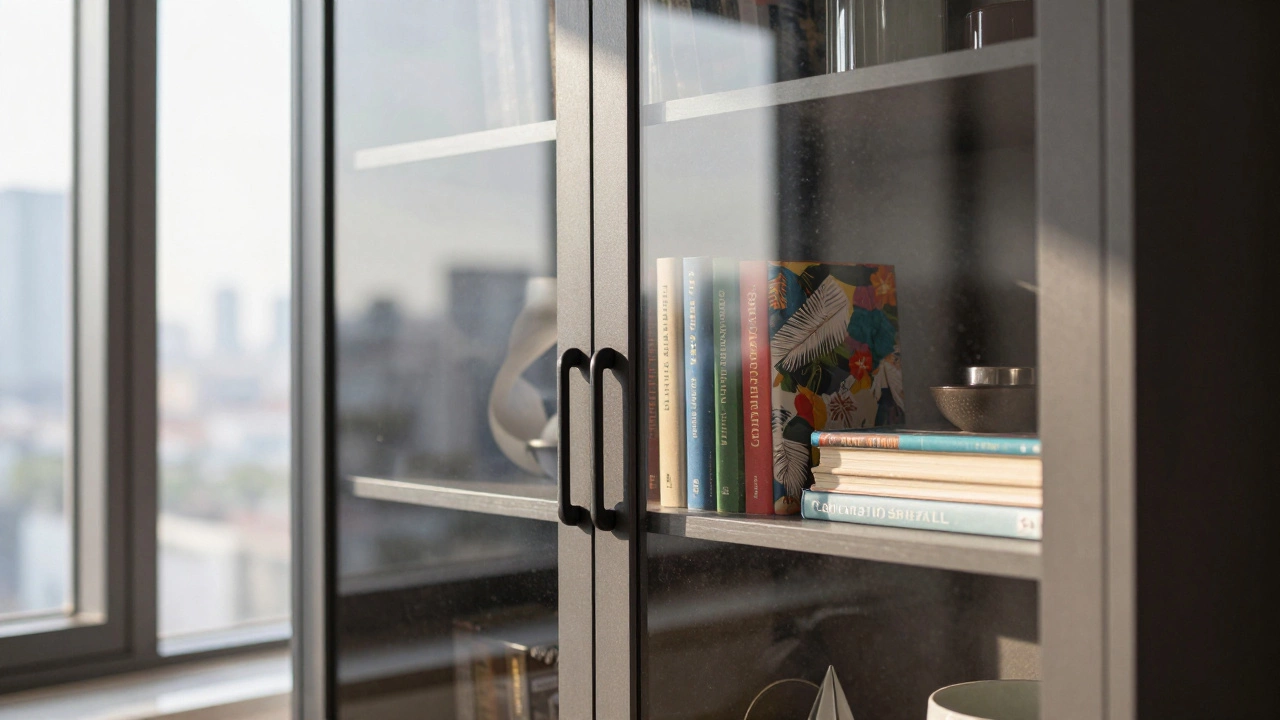 Glass-door bookcase in front of a west-facing window, reflecting light in a modern apartment.