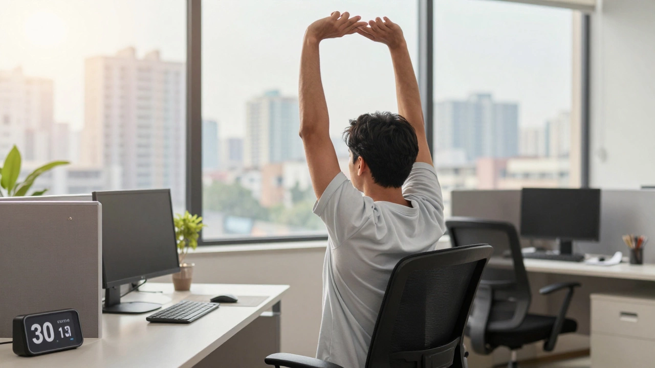 Office worker stretching and standing up to break prolonged sitting, dynamic motion.
