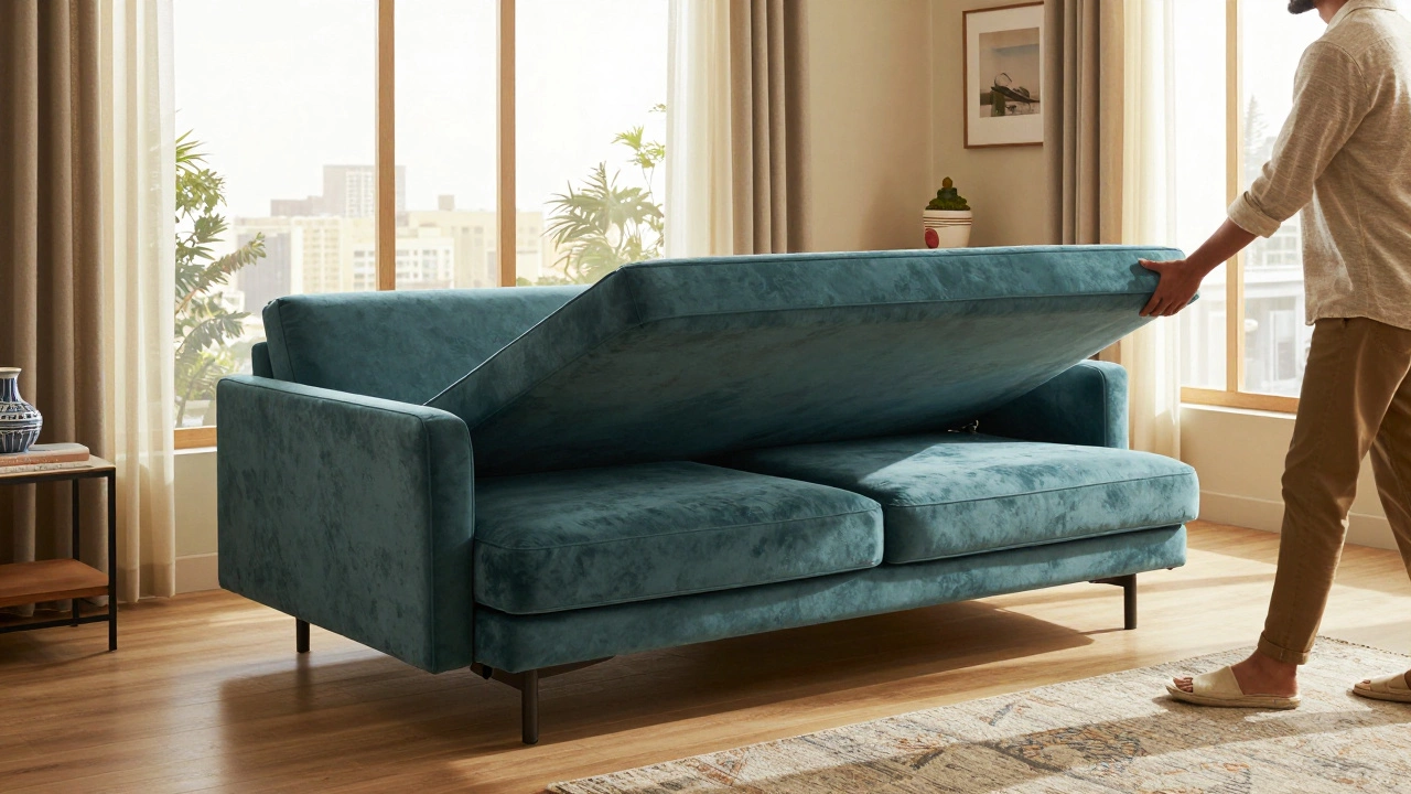 Person extending a teal velvet sofa bed in a sunny, compact urban apartment.