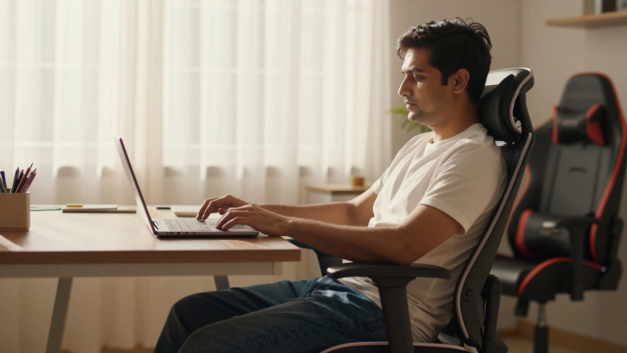 Person relaxing in an ergonomic office chair in a sunlit home workspace