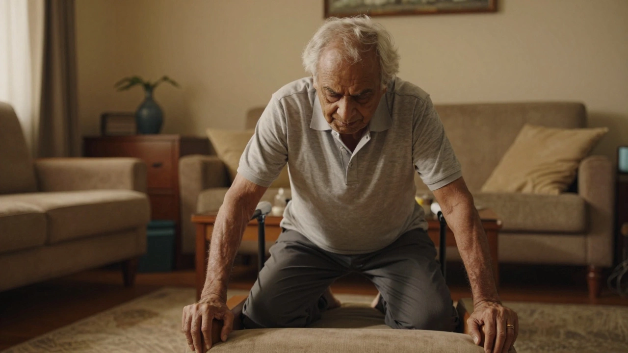 Person using proper technique to stand up from a recliner chair safely.