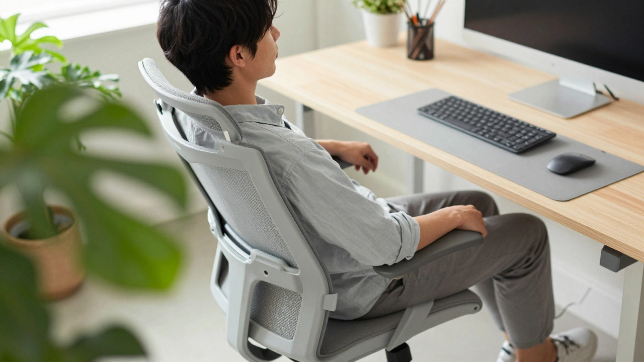 Relaxed worker using adjustable chair and sensory tools in bright office