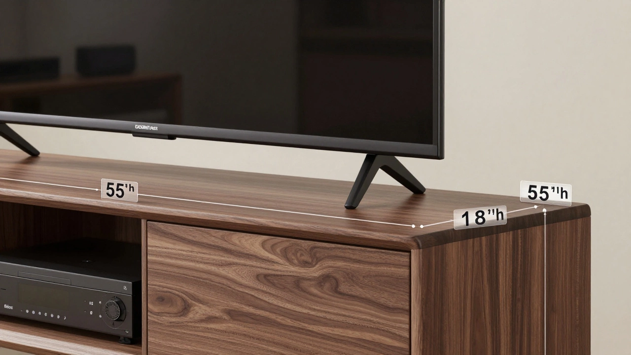 TV stand dimensions shown with measuring overlay graphics