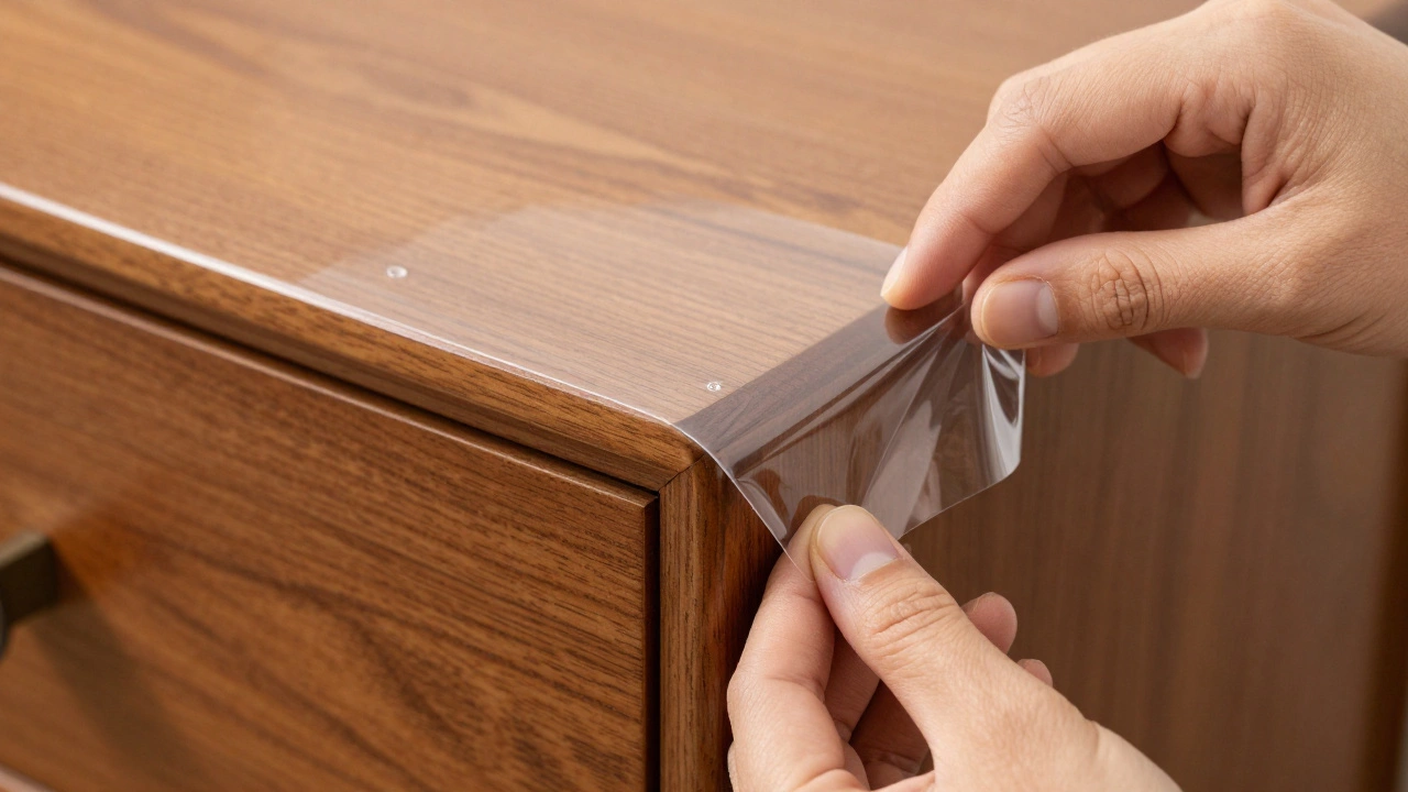 Close-up of hands applying clear protective film to a curved wooden drawer edge.