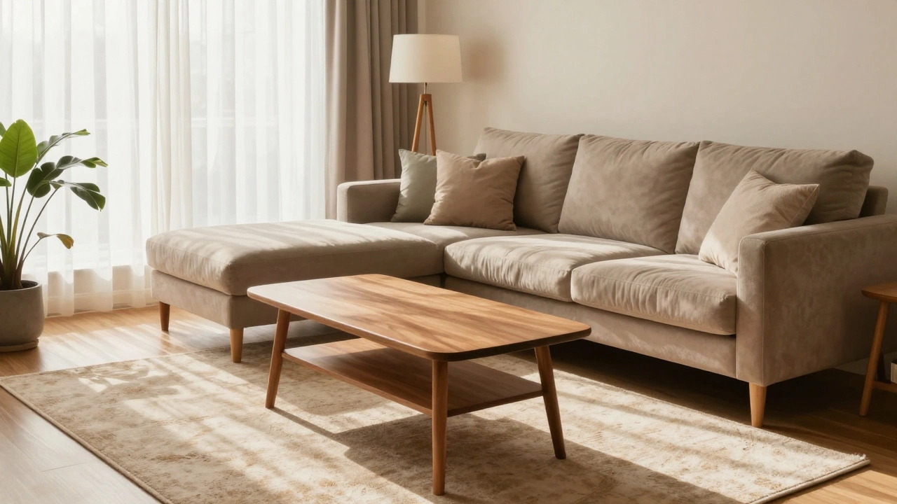Corner sofa on a rug with coffee table in sunlit living room