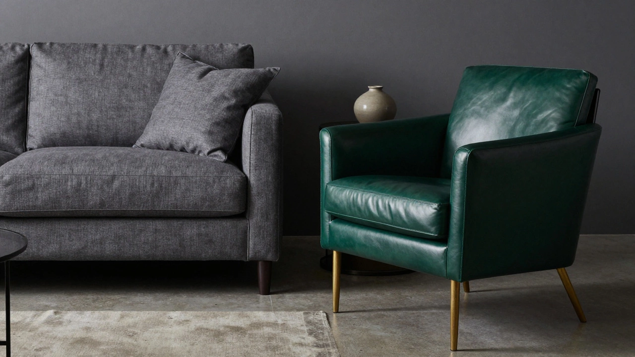 Emerald green leather armchair paired with a charcoal gray linen couch
