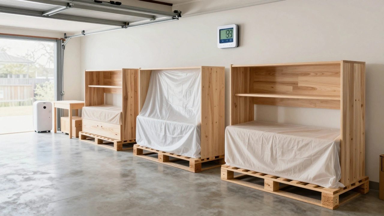Furniture elevated on pallets in dry, climate-controlled garage