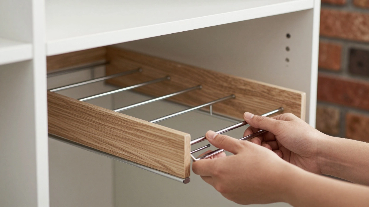 Hand organizing a modular wardrobe rack next to an empty closet shell under construction