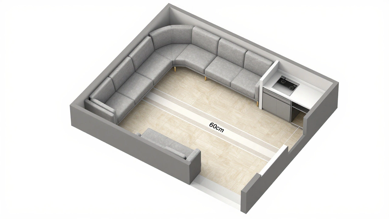 Isometric floor plan showing sofa placement and walking paths