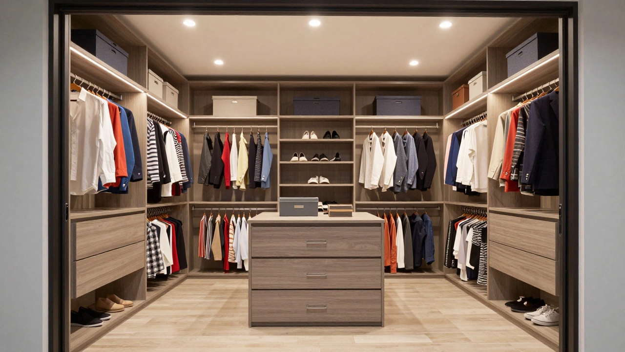 Luxurious walk-in closet with shelves and hanging clothes