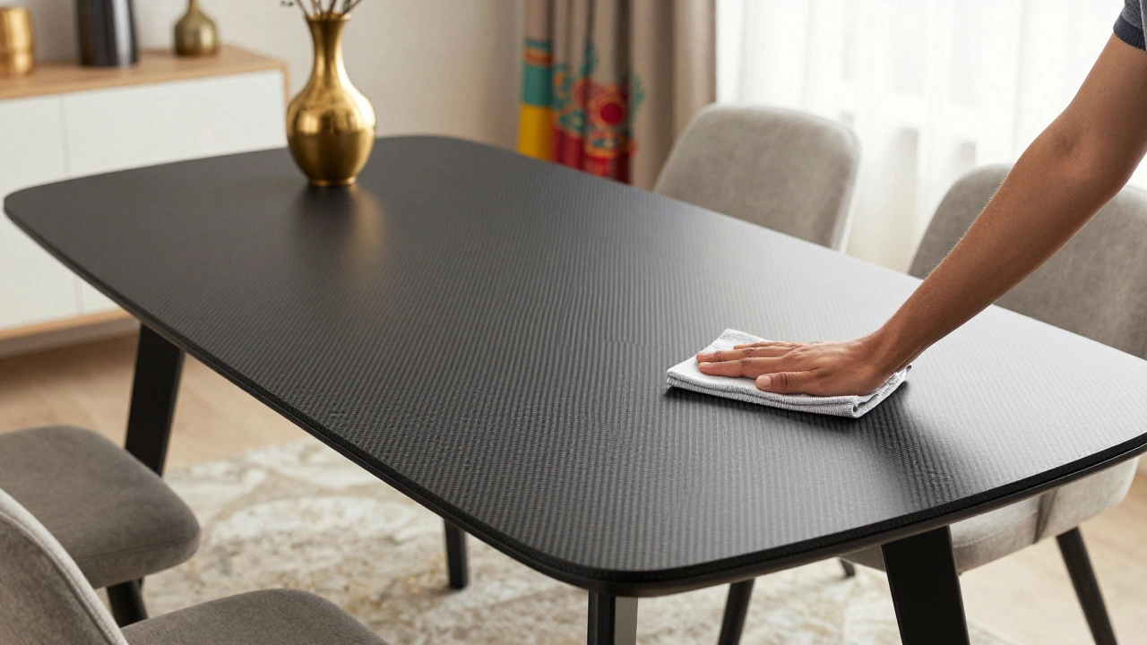 Modern dining table with matte carbon fiber vinyl finish in a stylish living room.