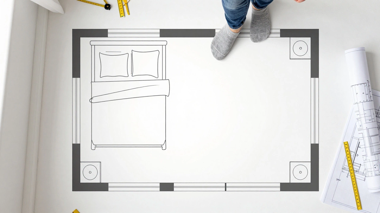 Overhead view of bedroom furniture layout marked with painter's tape