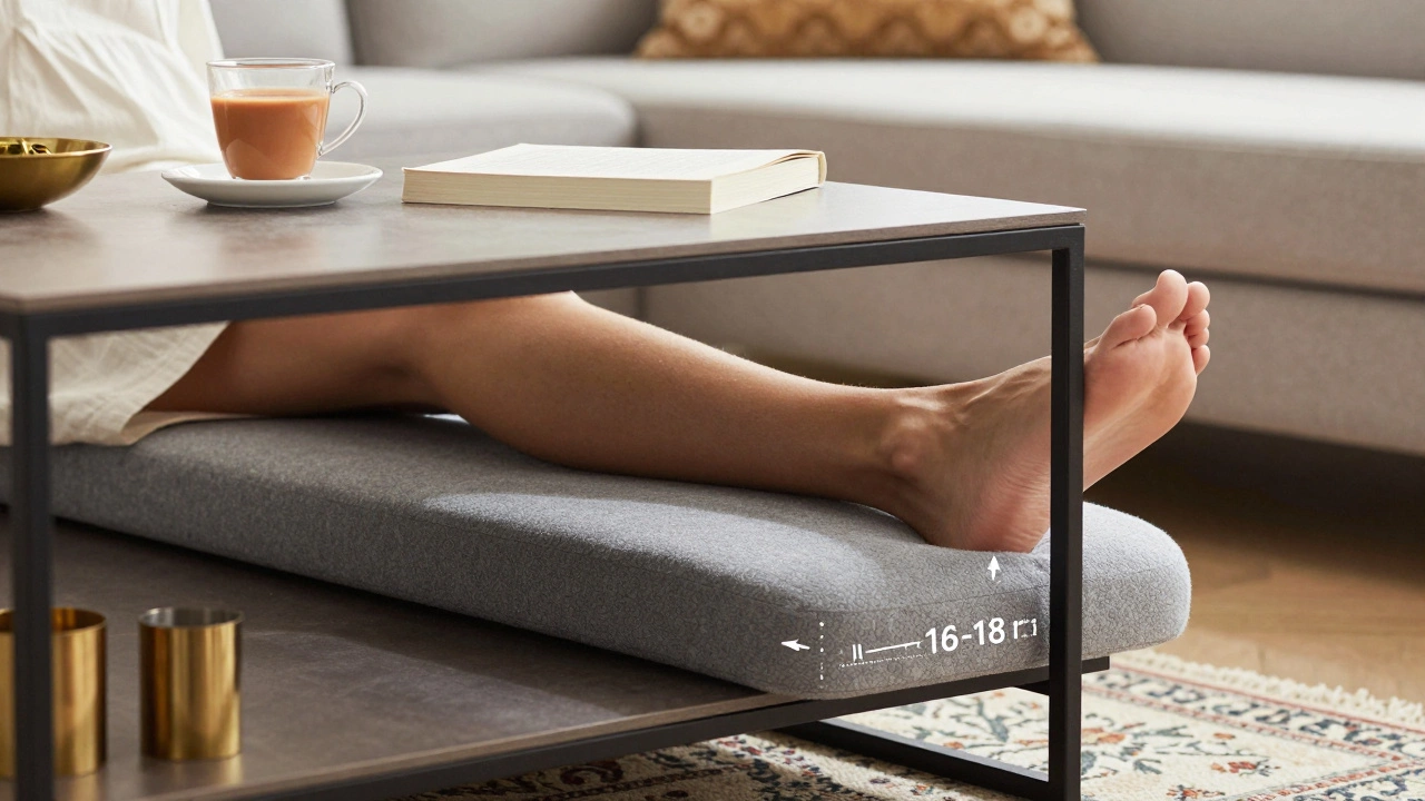 Person relaxing with legs under correctly height-matched coffee table