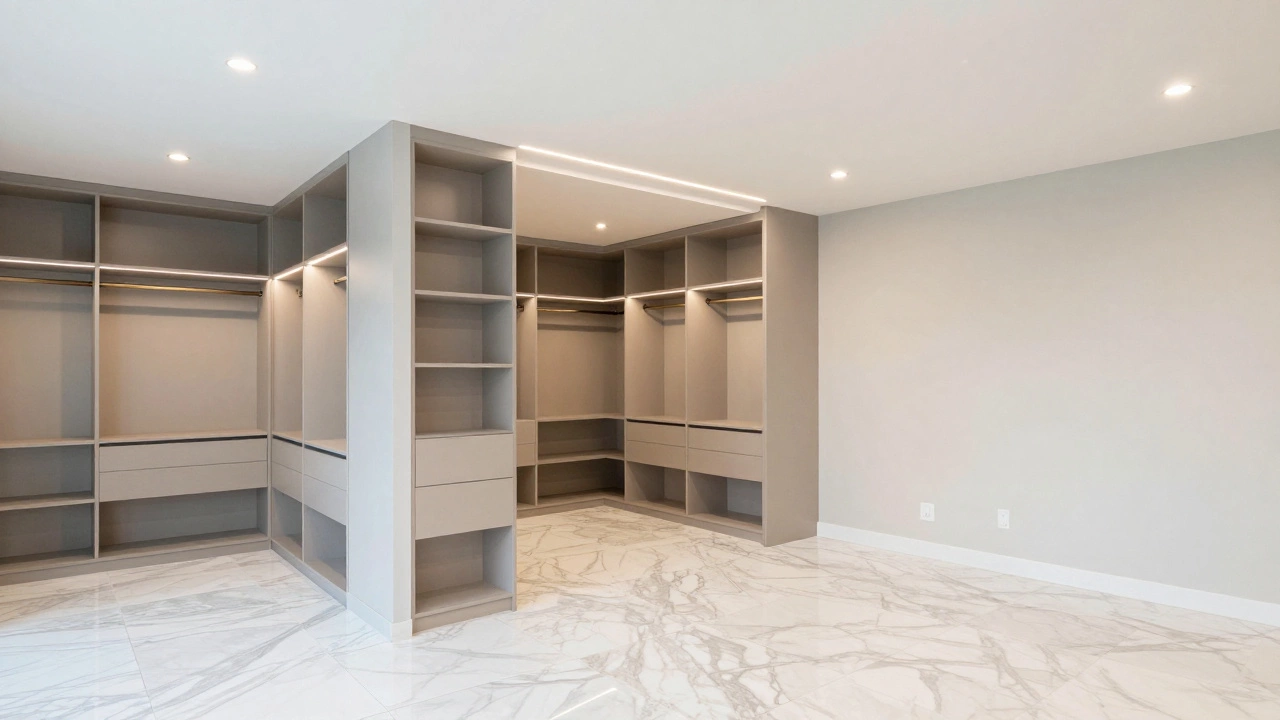 Spacious walk-in closet with custom shelves and LED lighting in a modern home