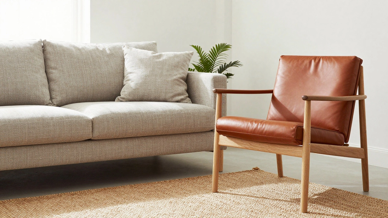 Terracotta leather accent chair beside a warm greige fabric sofa