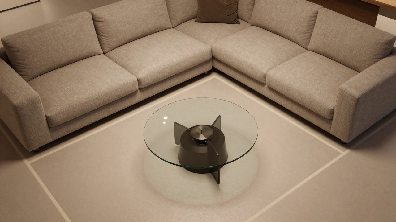 Top-down view of sectional sofa and round table showing proper walking clearance