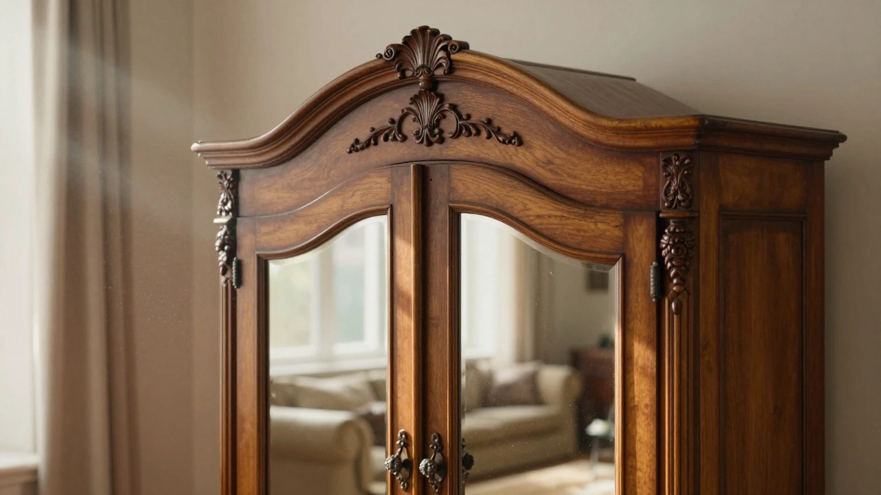 Vintage ornate wooden armoire with mirrors in sunlight