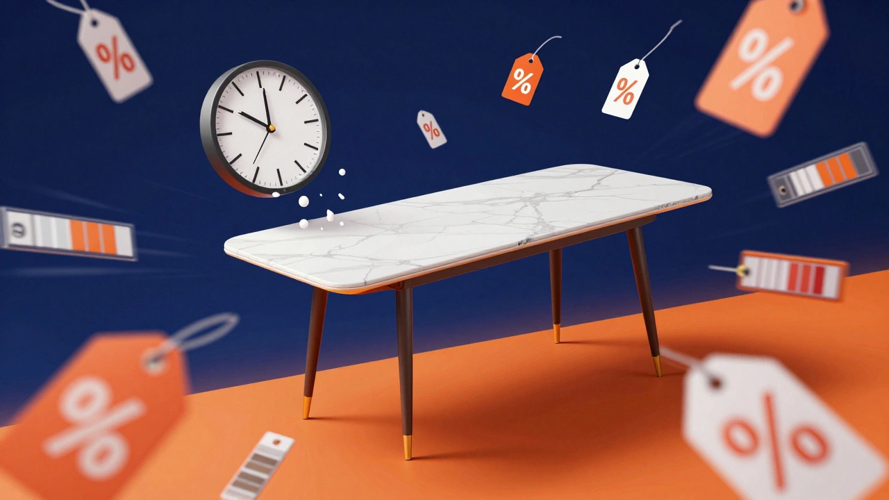 Abstract art of dining table with clocks and price tags, symbolizing sale urgency