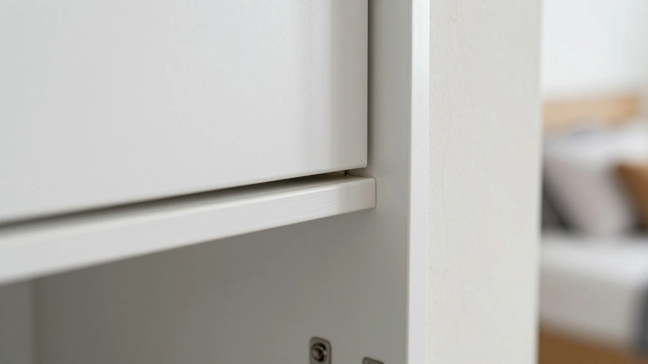 Close-up of warped wardrobe doors and gaps against uneven walls