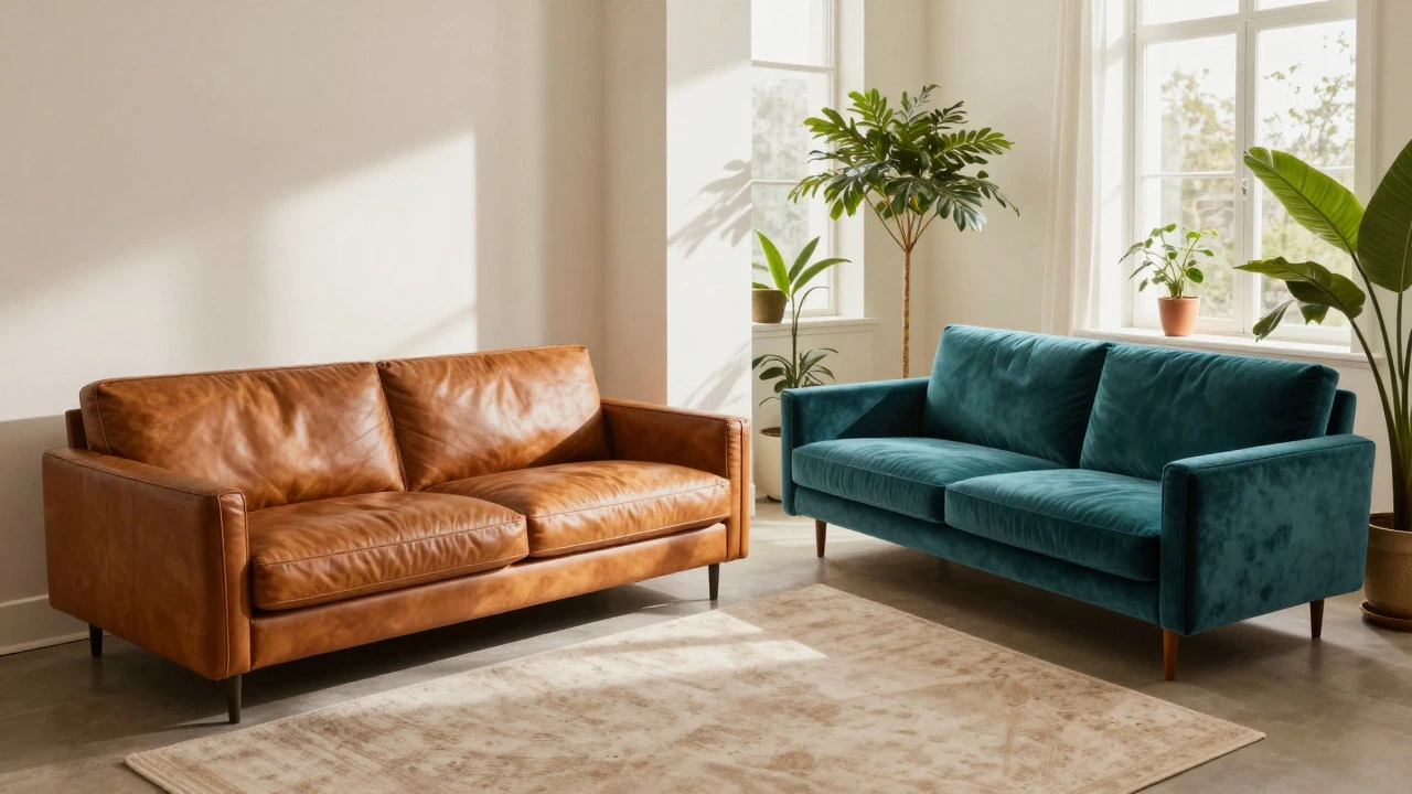 Comparison of luxury leather and modern velvet sofas in stylish rooms