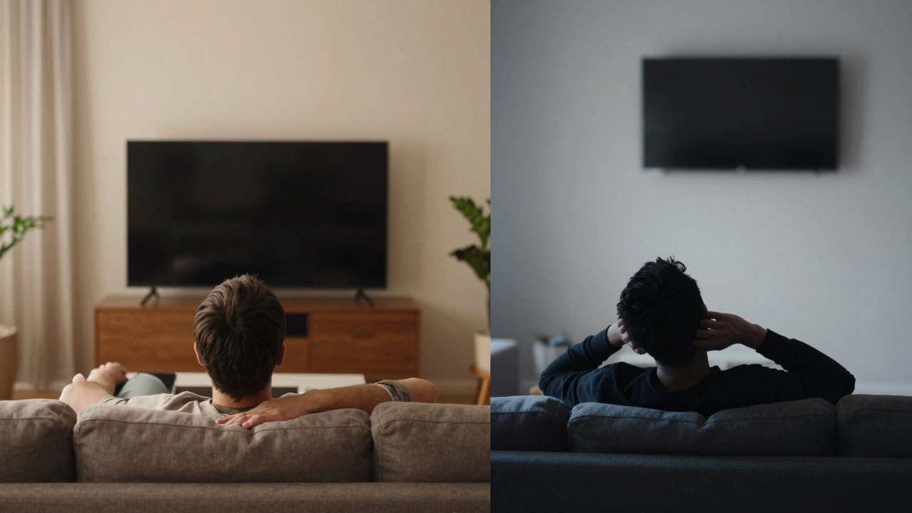 Comparison of relaxed viewing vs neck strain from incorrectly placed TV.