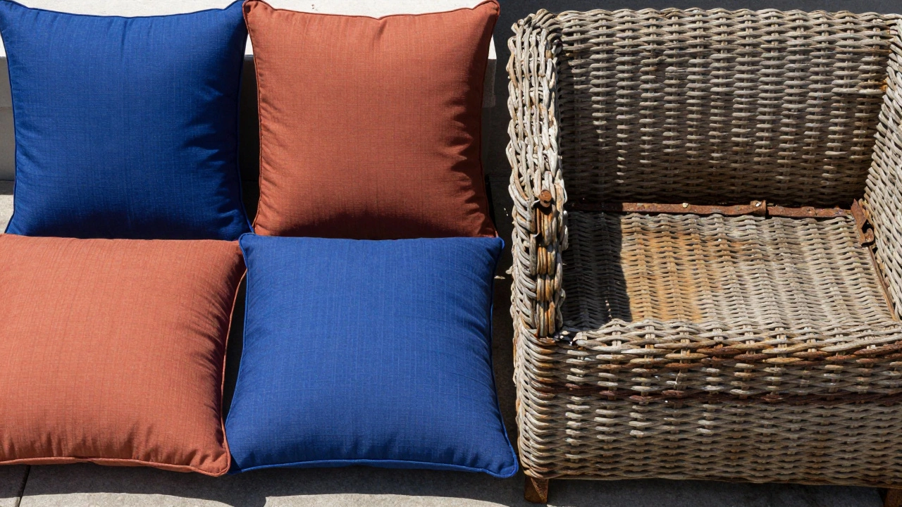 Contrast between vibrant durable fabric and faded brittle wicker