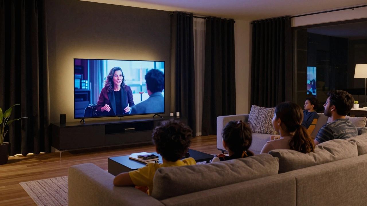 Family watching HDR movie in glare-free room with perfect seating
