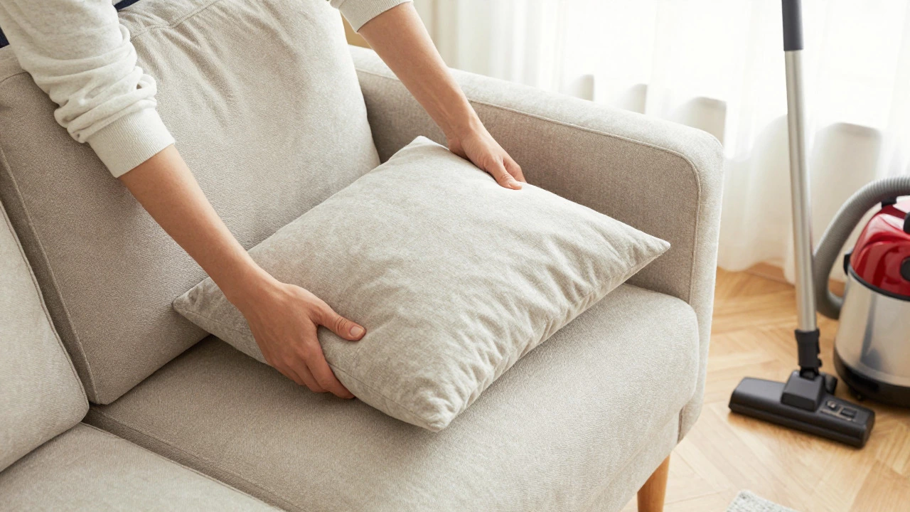 Hands rotating sofa cushions for maintenance in a sunlit living room