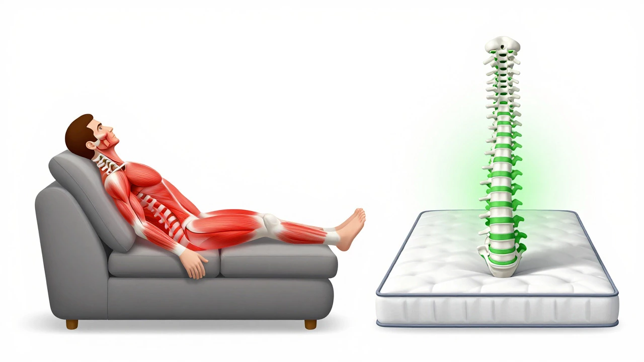 Illustration comparing misaligned spine on sofa vs aligned spine on mattress