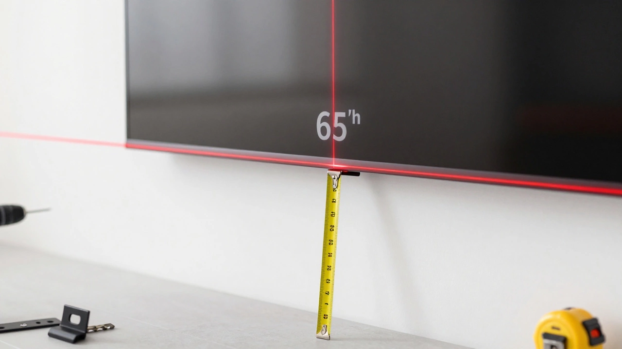 Laser level and tape measure marking ideal TV height on a wall.
