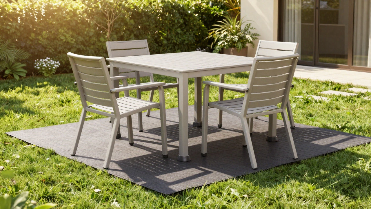 Lightweight furniture on protective mats preserving healthy green lawn