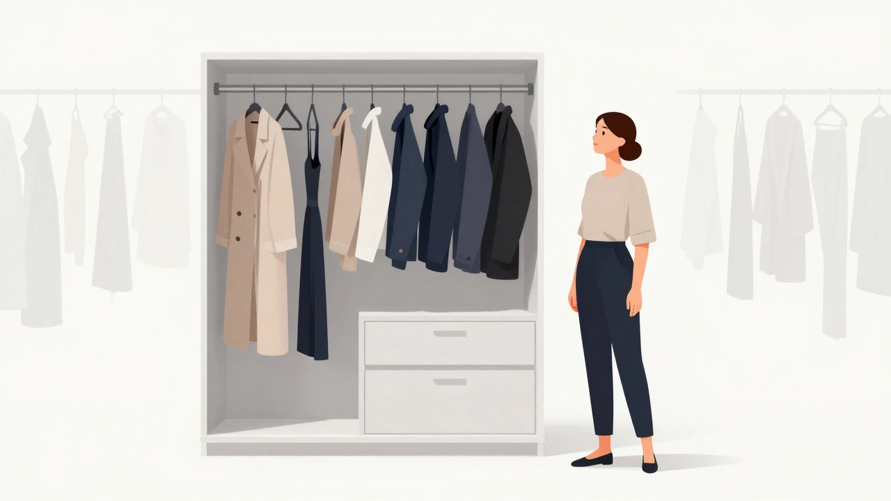 Minimalist capsule wardrobe with few curated items in a serene room